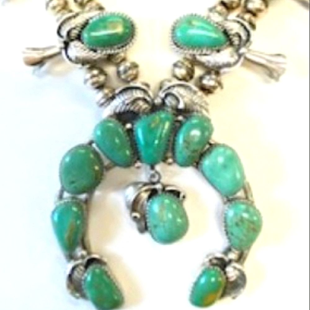 Squash Blossom South Western Turquoise Sterling Silver Necklace - Picture 3 of 4